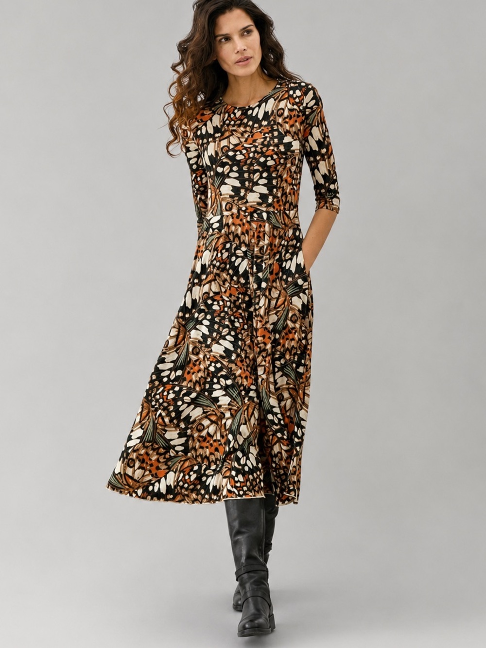 Peruvian Connection Sibyl Mariposa Butterfly Print Midi Dress M Brown Black